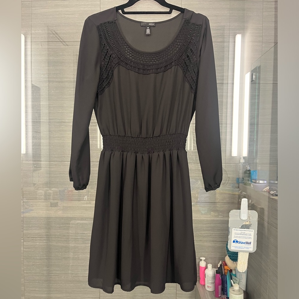 Aqua Black Cinched Waist Long Sleeve Lace Neckline Long Sleeve Dress